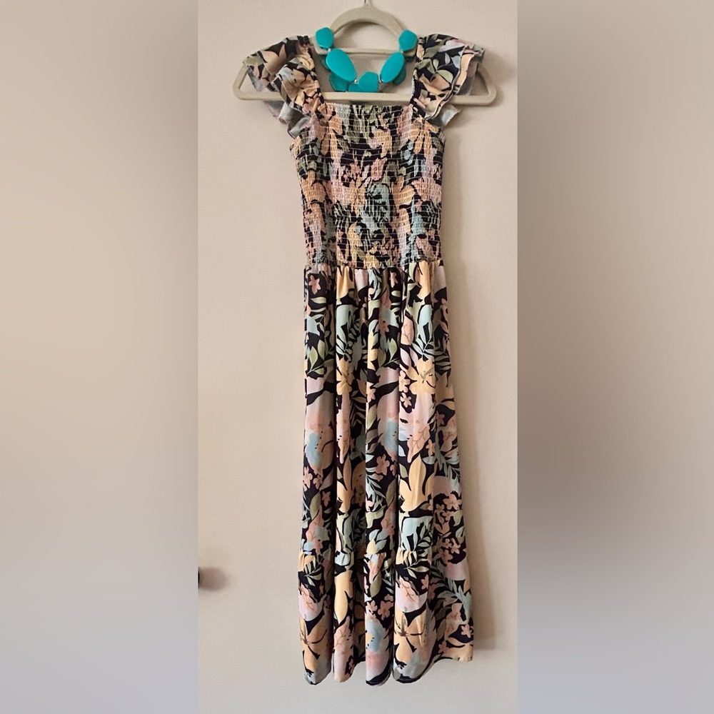 Sundayup Floral Black Maxi Dress with Pastel Accents